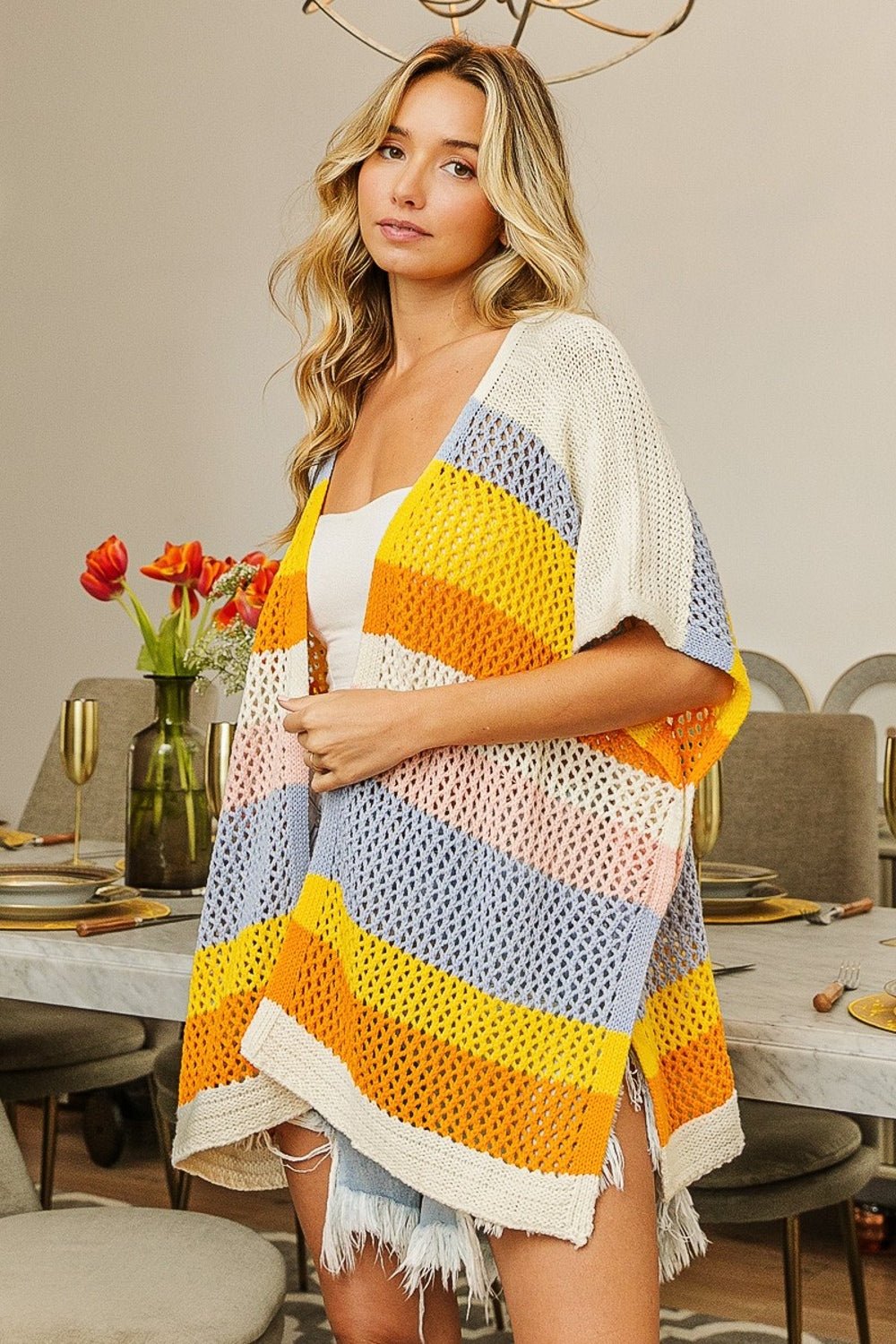 BiBi Striped Openwork Knit Front Cardigan