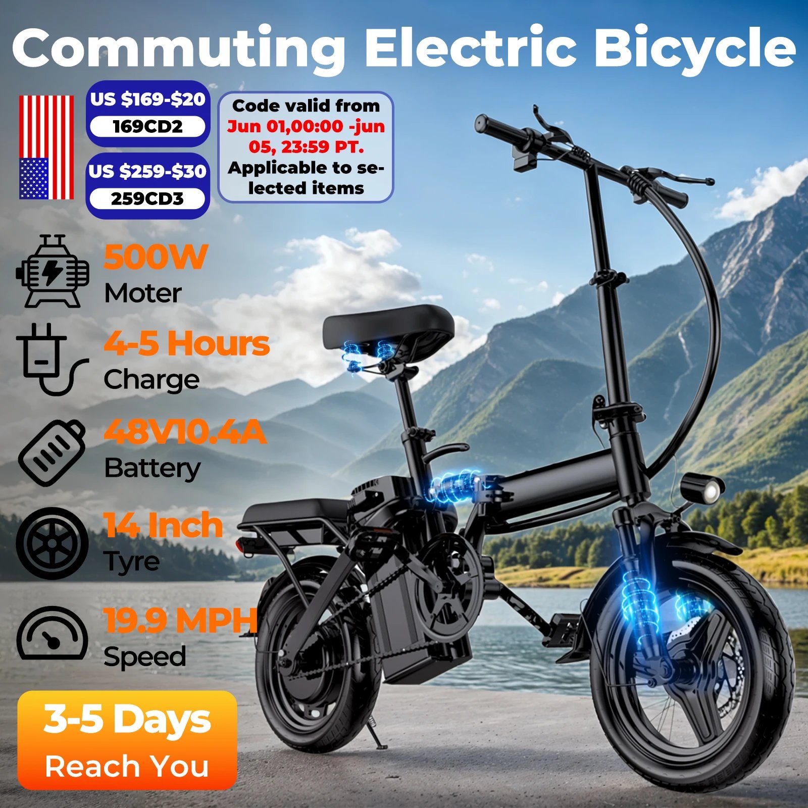 LELEKUAI 500W Adult Electric Bike, 20 MPH, 48V 12Ah Removable Battery, 14 Inch Folding Electric Bike, Multi-Shock Absorption LELEKUAI 500W Adult Electric Bike