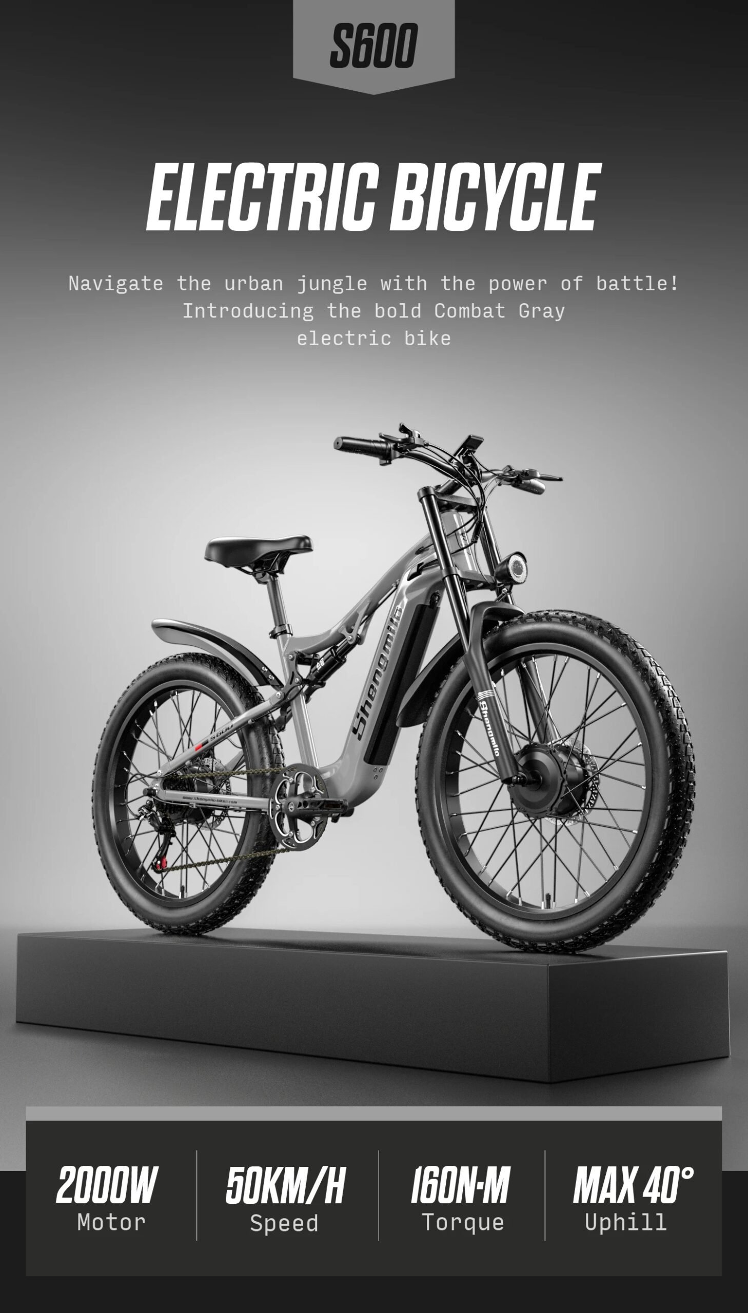 Shengmilo S600 26 inches adult electric mountain bike, 2000W dual motor ebike 7-speed electric bicycle，Fat Tire ebike17.5ah