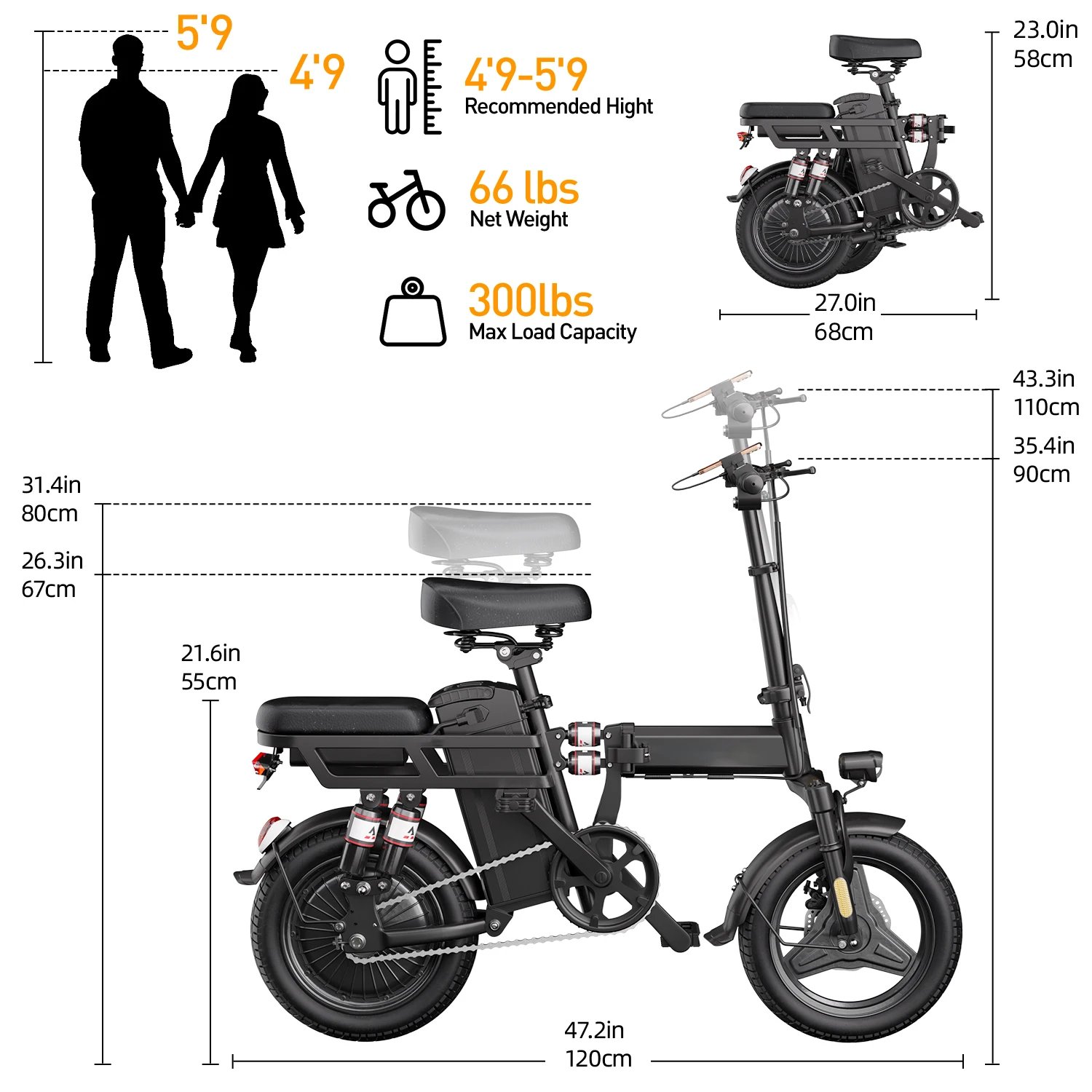 Electric Motorcycles Bike For Adults, 48V 20AH/15AH/10Ah Ebikes 500W Brushless Motor 14'' Tires Folding Electric Bicycles