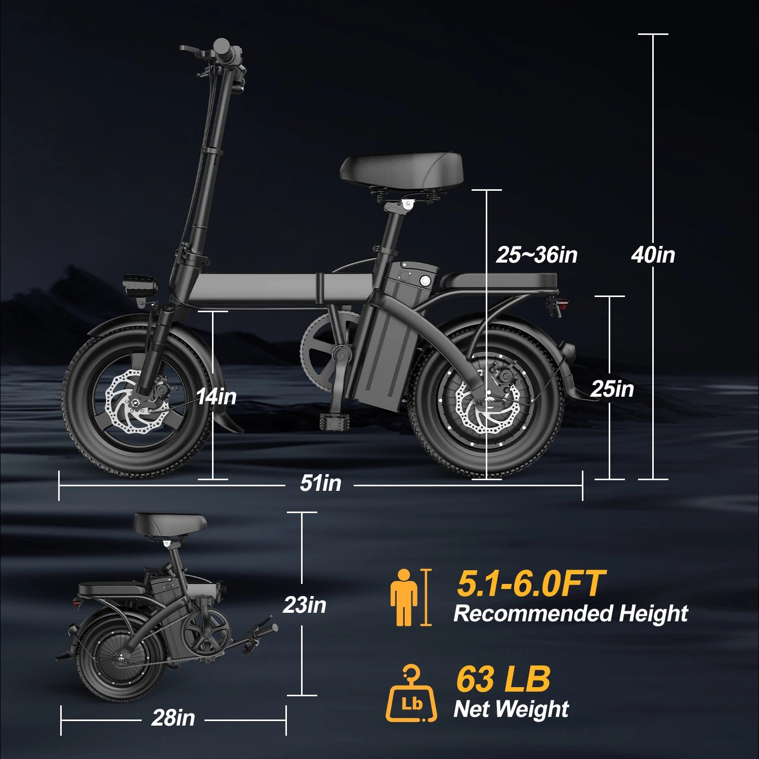 Electric Motorcycles Bike For Adults, 48V 20AH/15AH/10Ah Ebikes 500W Brushless Motor 14'' Tires Folding Electric Bicycles