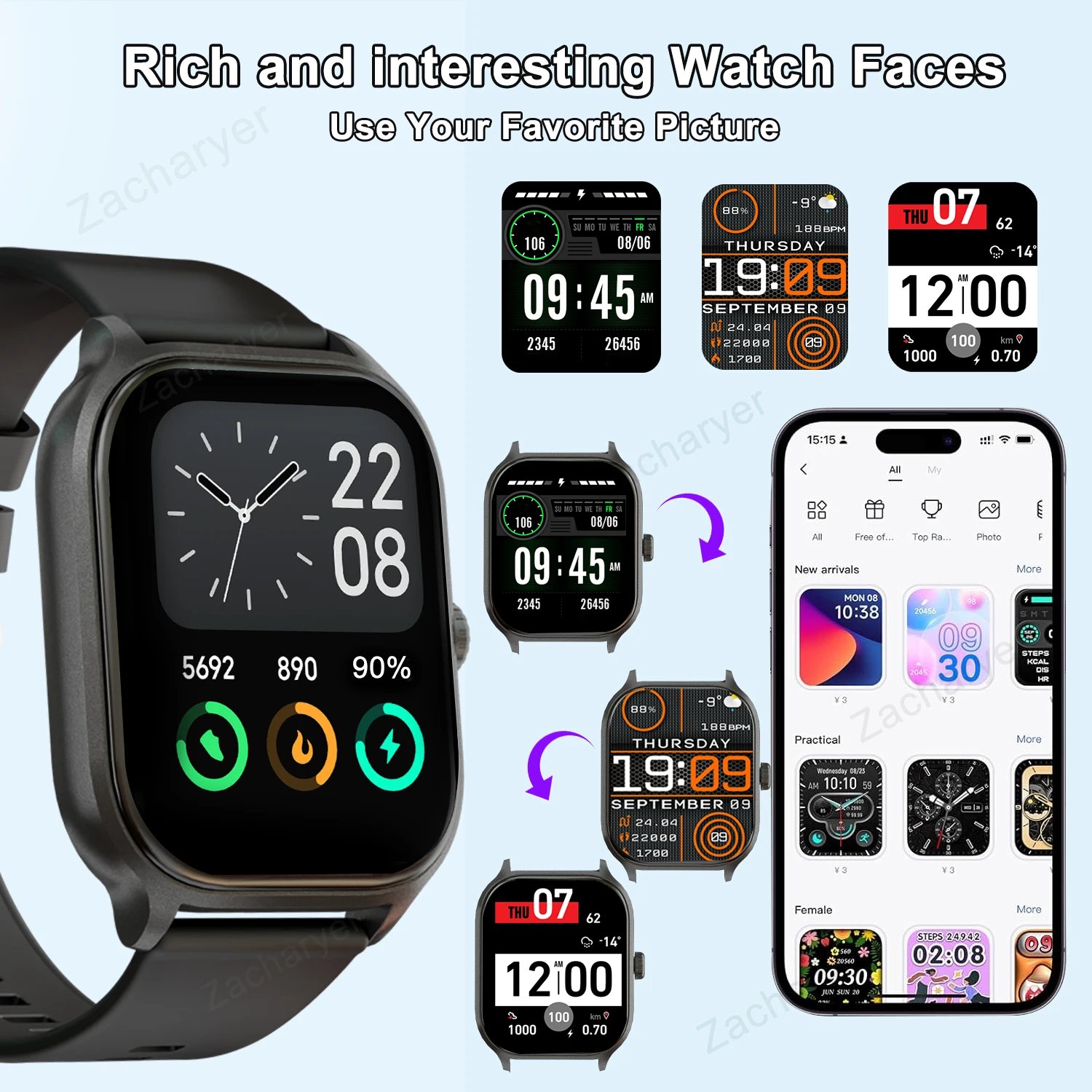 Smart watch, wireless calling/dial, multi-Sport mode, calling reminder and rejection, SMS reminder, for iPhone/Android