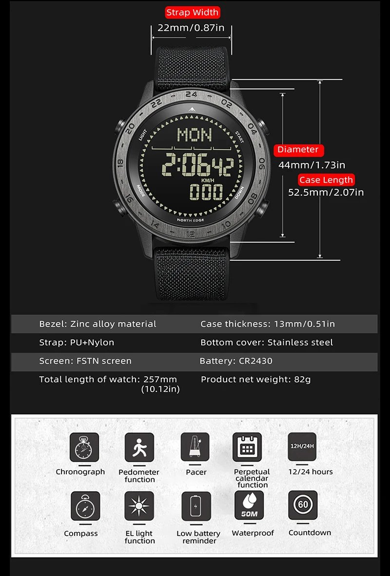 NORTH EDGE TANK 3 Men's Digital Militray Watches Outdoor Sports Watch Pedometer Calories Compass Waterproof 50M Wristwatches