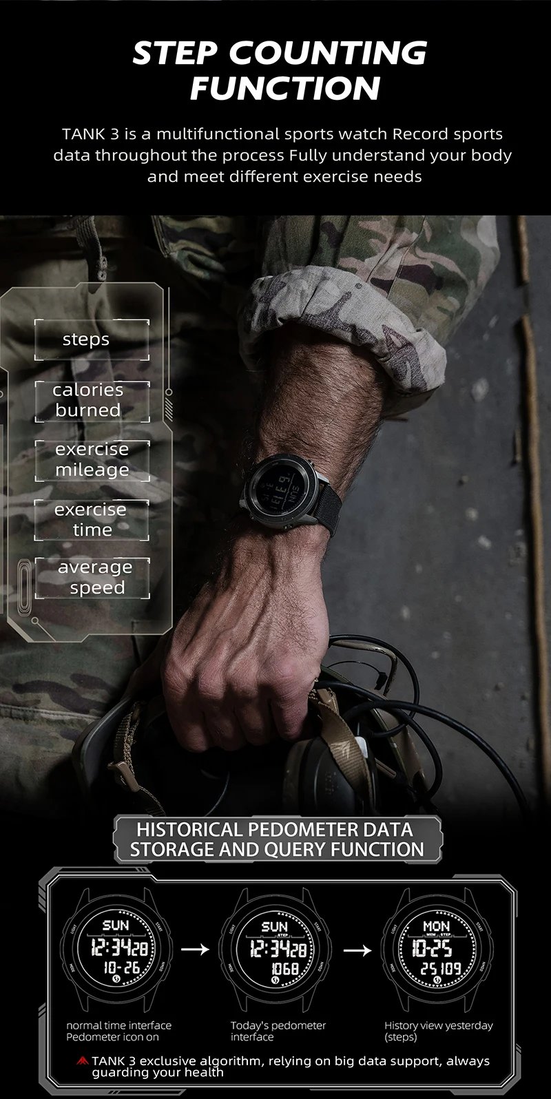 NORTH EDGE TANK 3 Men's Digital Militray Watches Outdoor Sports Watch Pedometer Calories Compass Waterproof 50M Wristwatches