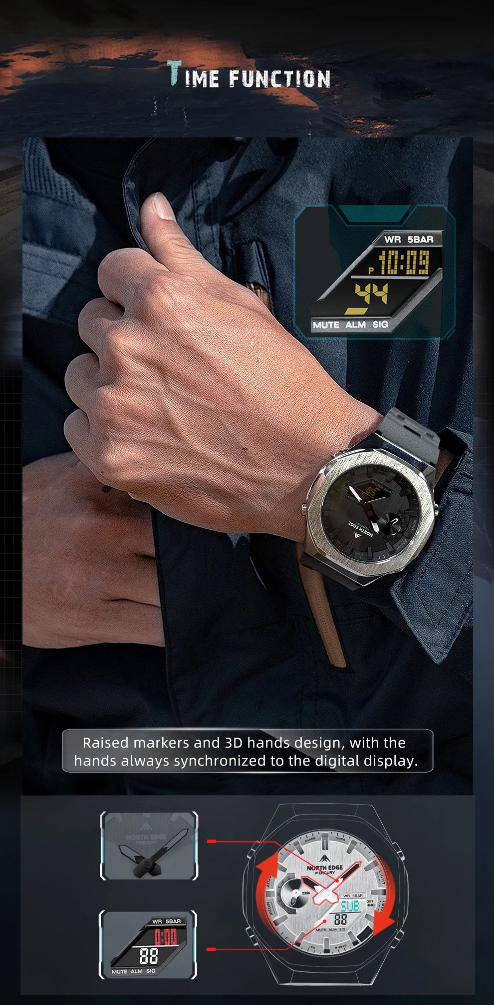 NORTH EDGE MERCURY Smartwatch for Men Digital Watch Military Sports Watches World Time LED Wristwatch Man Waterproof 50M