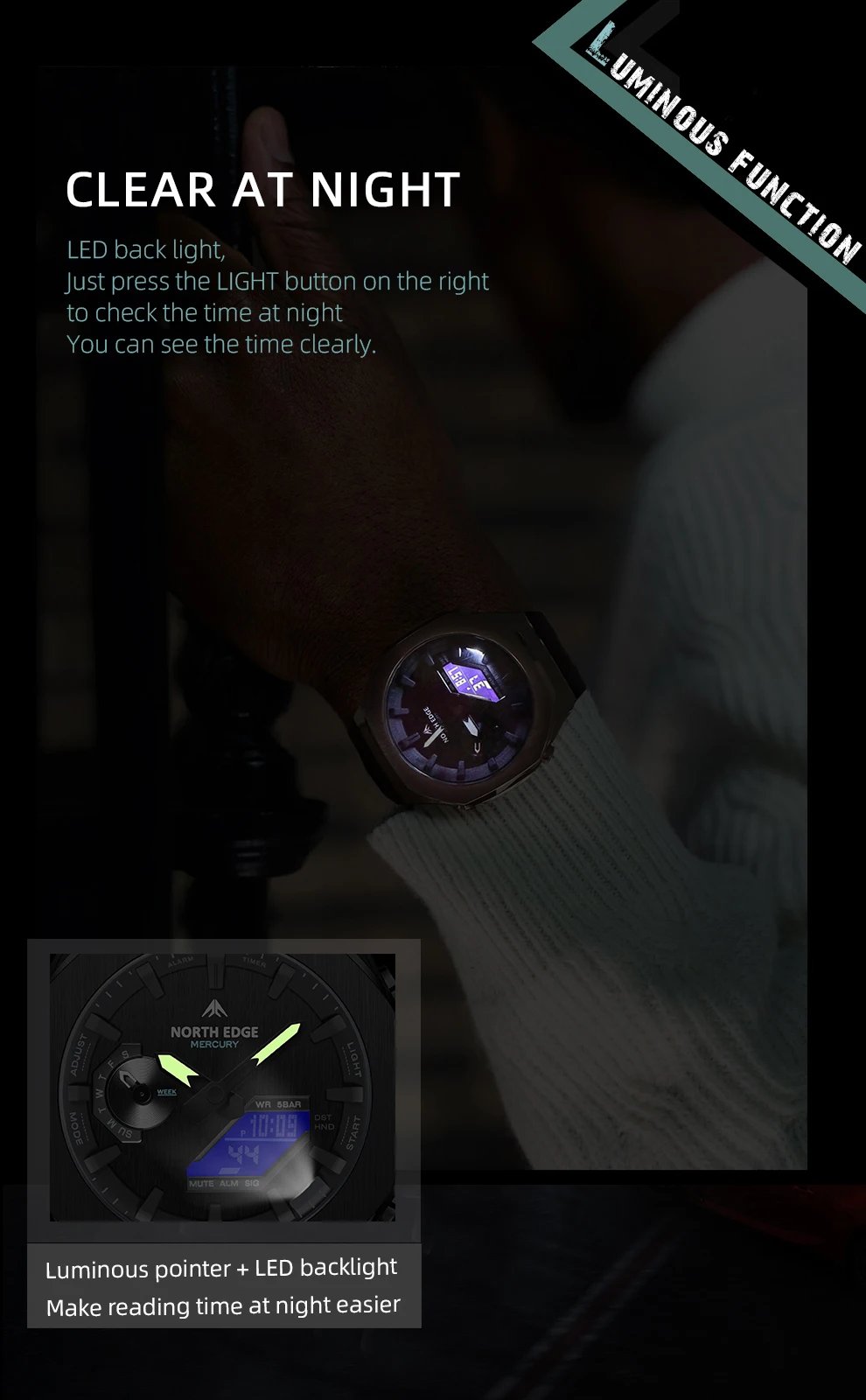 NORTH EDGE MERCURY Smartwatch for Men Digital Watch Military Sports Watches World Time LED Wristwatch Man Waterproof 50M