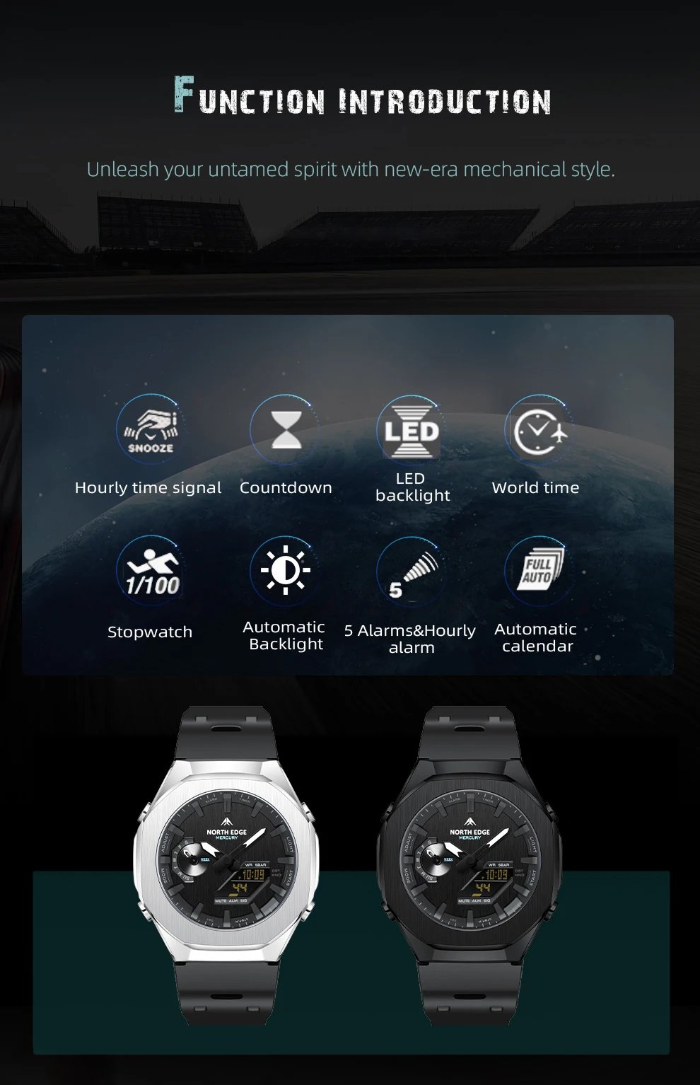 NORTH EDGE MERCURY Smartwatch for Men Digital Watch Military Sports Watches World Time LED Wristwatch Man Waterproof 50M