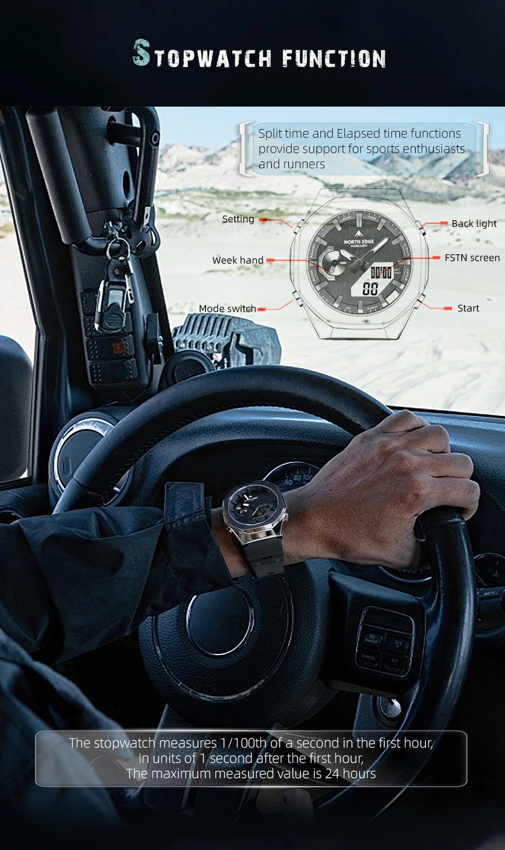 NORTH EDGE MERCURY Smartwatch for Men Digital Watch Military Sports Watches World Time LED Wristwatch Man Waterproof 50M