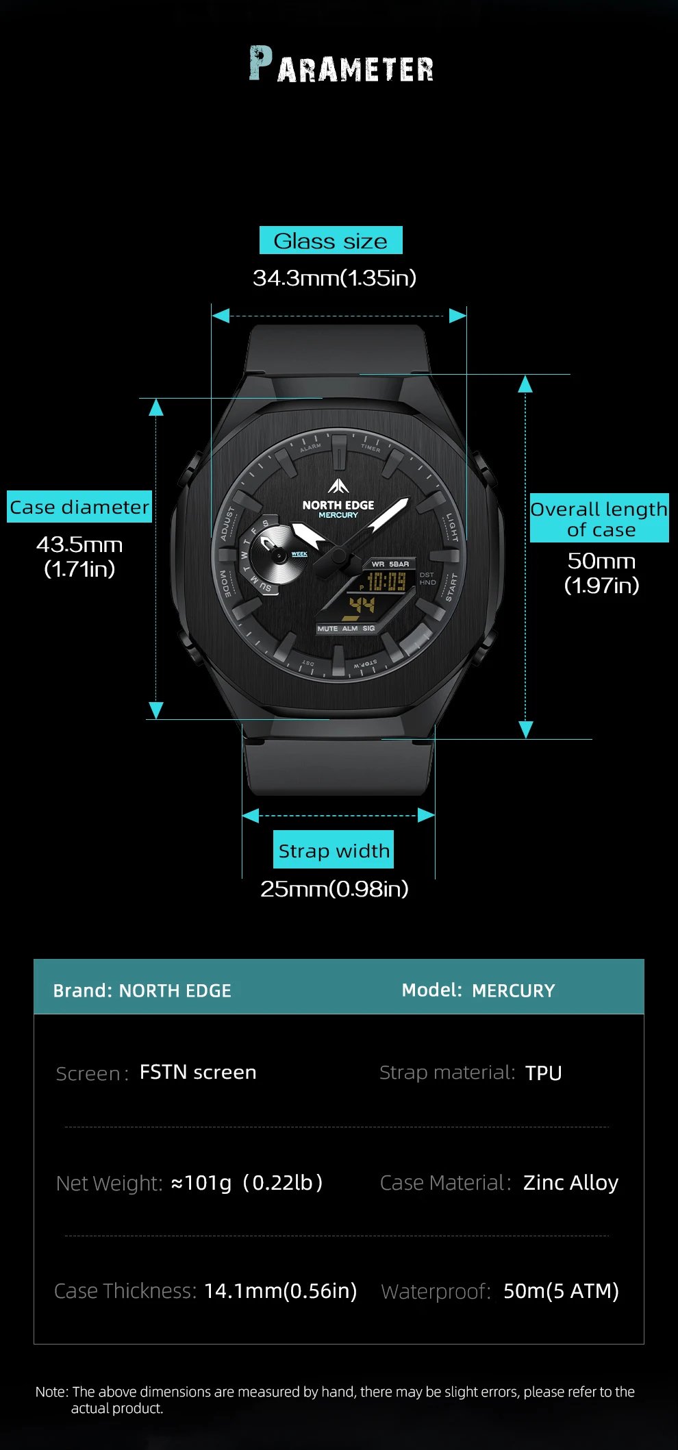 NORTH EDGE MERCURY Smartwatch for Men Digital Watch Military Sports Watches World Time LED Wristwatch Man Waterproof 50M