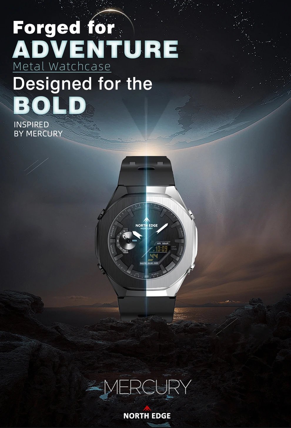 NORTH EDGE MERCURY Smartwatch for Men Digital Watch Military Sports Watches World Time LED Wristwatch Man Waterproof 50M