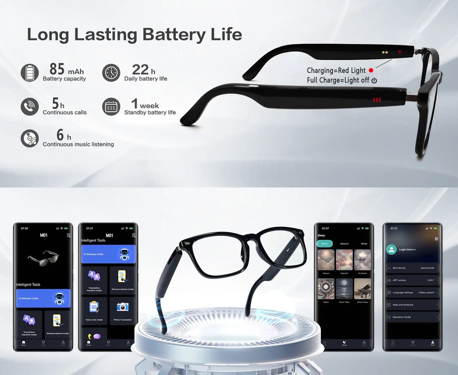 Smart glasses, app translation, color-changing lenses, high-definition voice calls, Hi-Fi music quality, open-ear audio glasses.