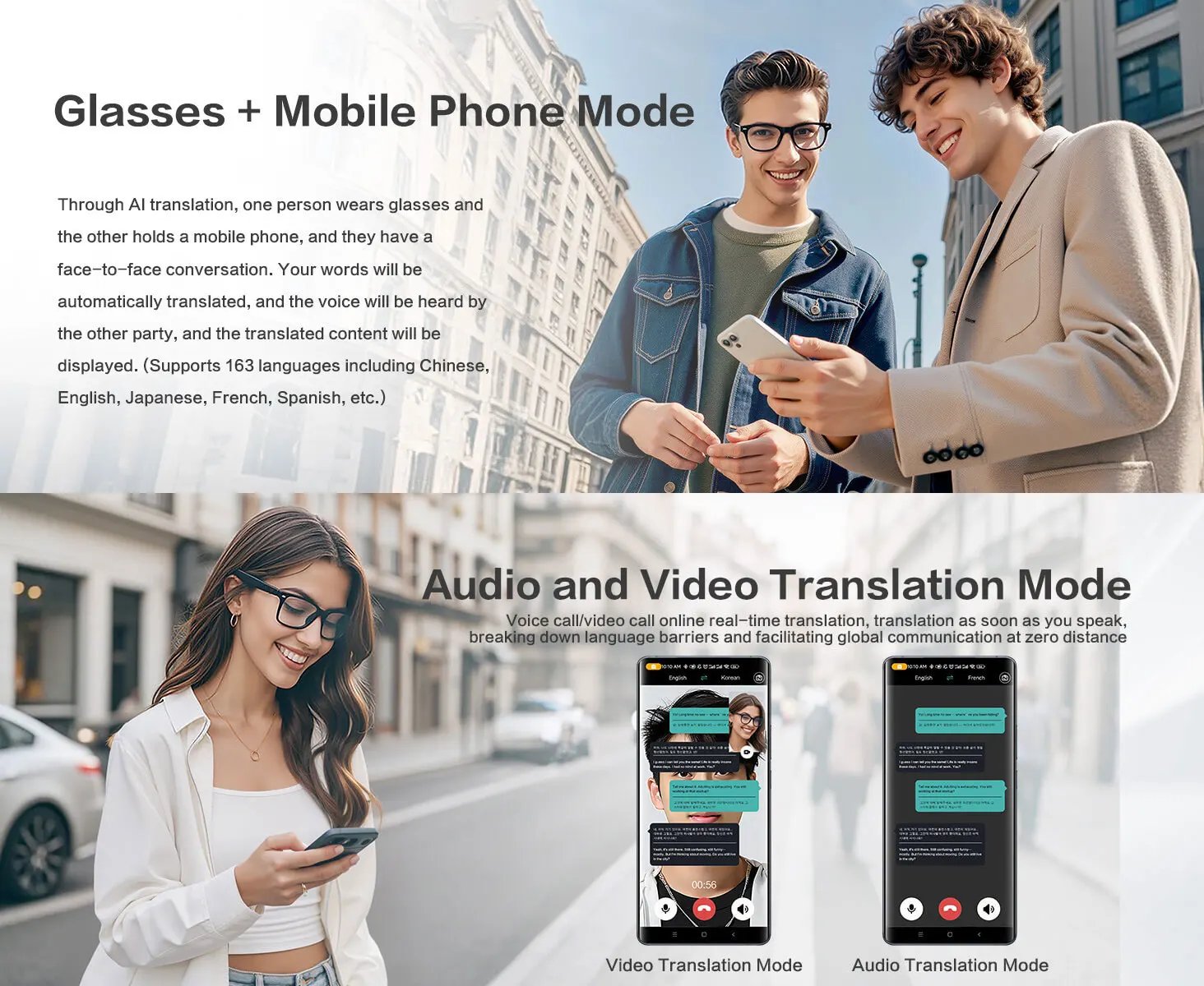 Smart glasses, app translation, color-changing lenses, high-definition voice calls, Hi-Fi music quality, open-ear audio glasses.