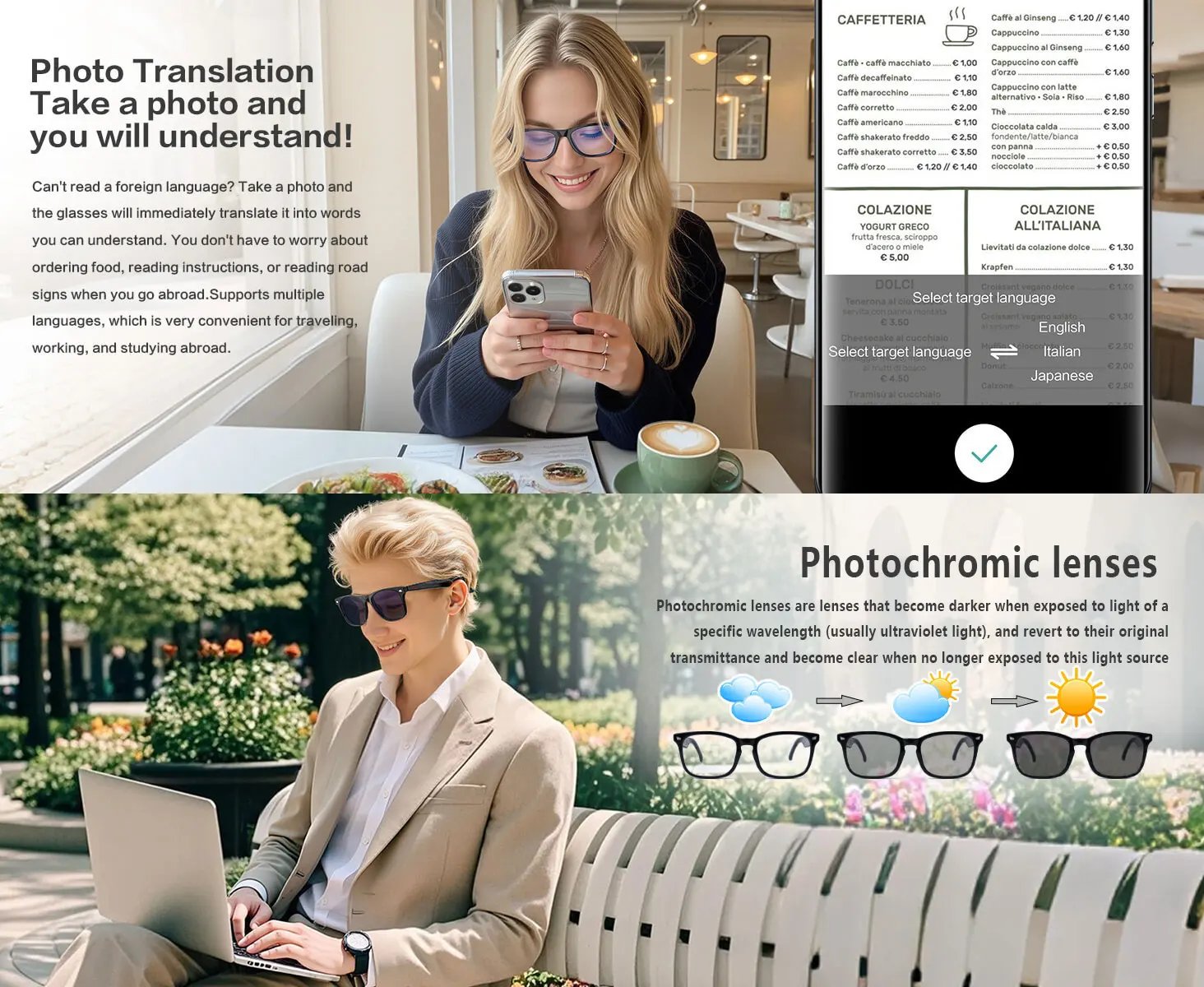 Smart glasses, app translation, color-changing lenses, high-definition voice calls, Hi-Fi music quality, open-ear audio glasses.