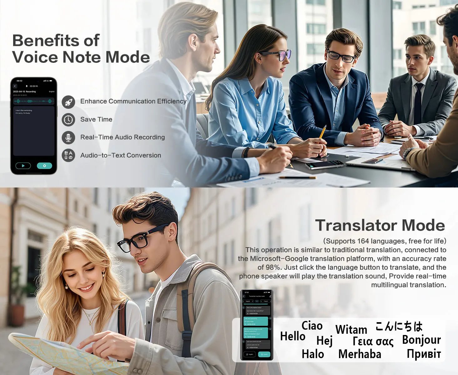 Smart glasses, app translation, color-changing lenses, high-definition voice calls, Hi-Fi music quality, open-ear audio glasses.