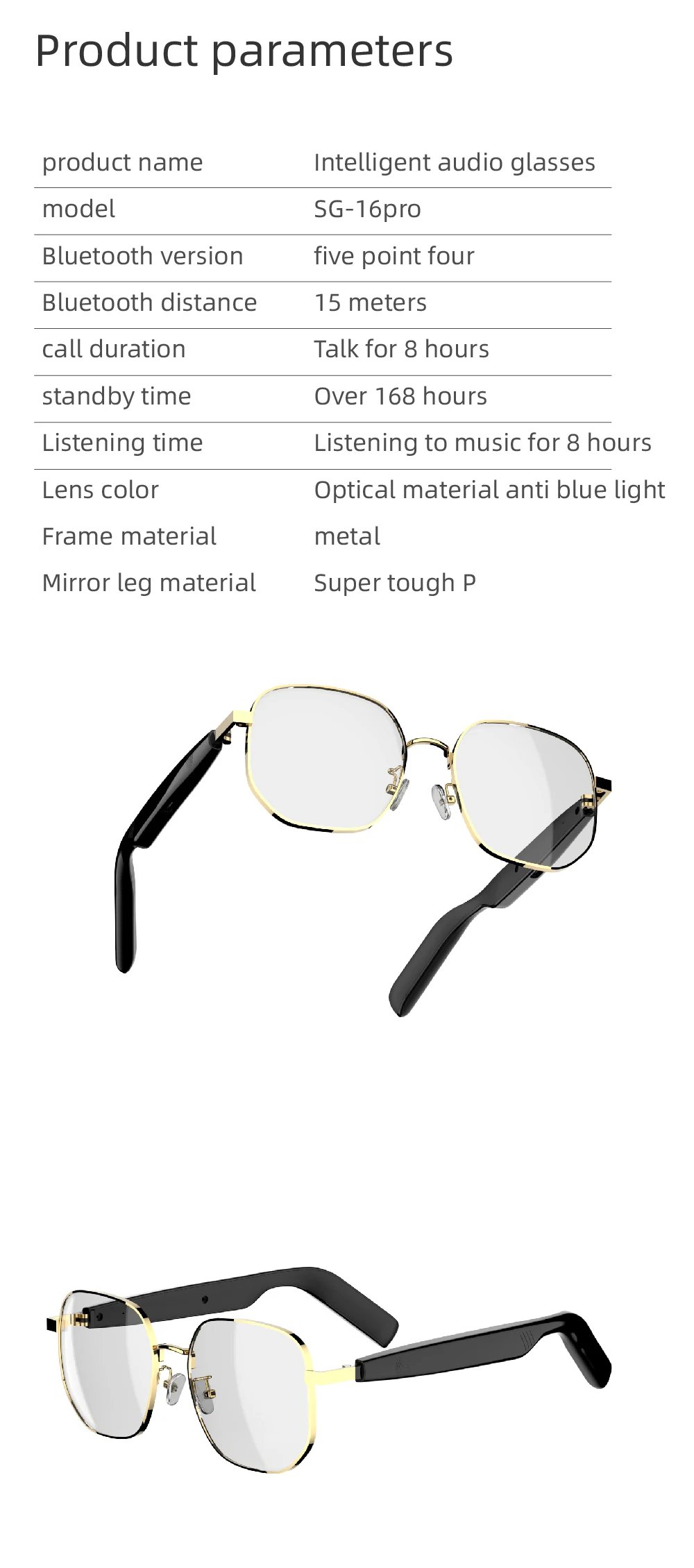 Fashion Bluetooth V5.3 smart glasses eye glass Outdoor HD Call Music Wireless SG16 PRO Headphones Anti-touch UV For Men Women Fashion Bluetooth V5.3 smart glasses eye glass Outdoor HD Call Music Wireless SG16 PRO Headphones Anti-touch UV For Men Women