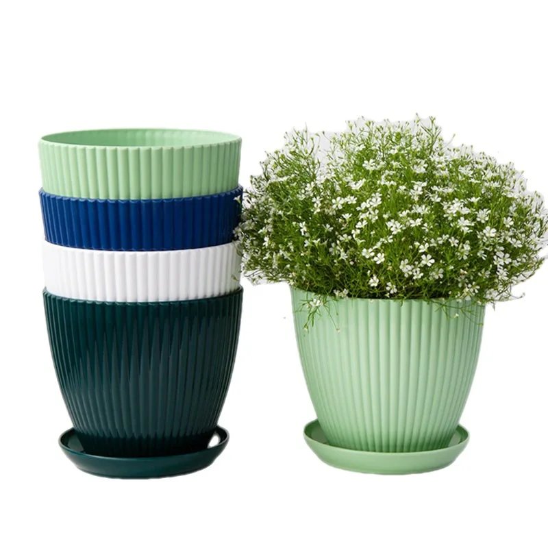 Flower Pot Round Planters Succulents Plant Pot with Tray Office Desktop Balcony Home Garden Decoration Outdoor Potted 5 Sizes
