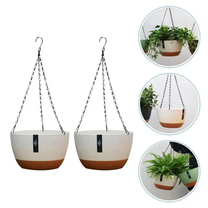 2 Sets Hanging Basket Type Flowerpot Garden Plastic Pots Outdoors Planter Chain Plants Metal Container Large Hanging Flower Pot