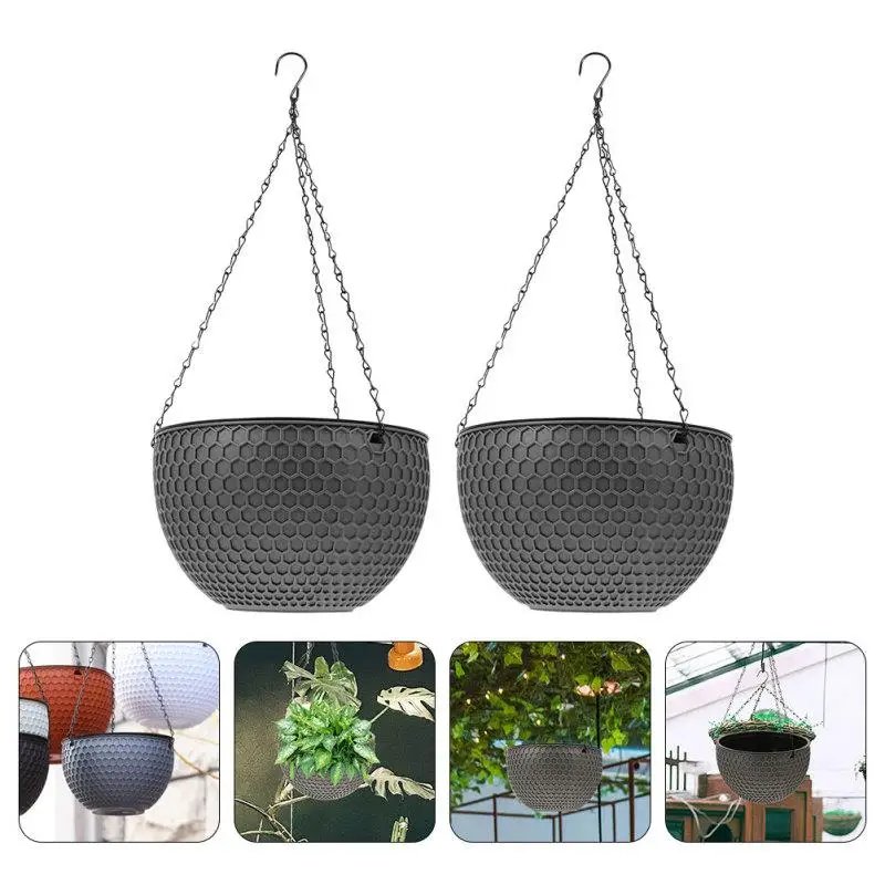 2 Sets Hanging Basket Type Flowerpot Garden Plastic Pots Outdoors Planter Chain Plants Metal Container Large Hanging Flower Pot