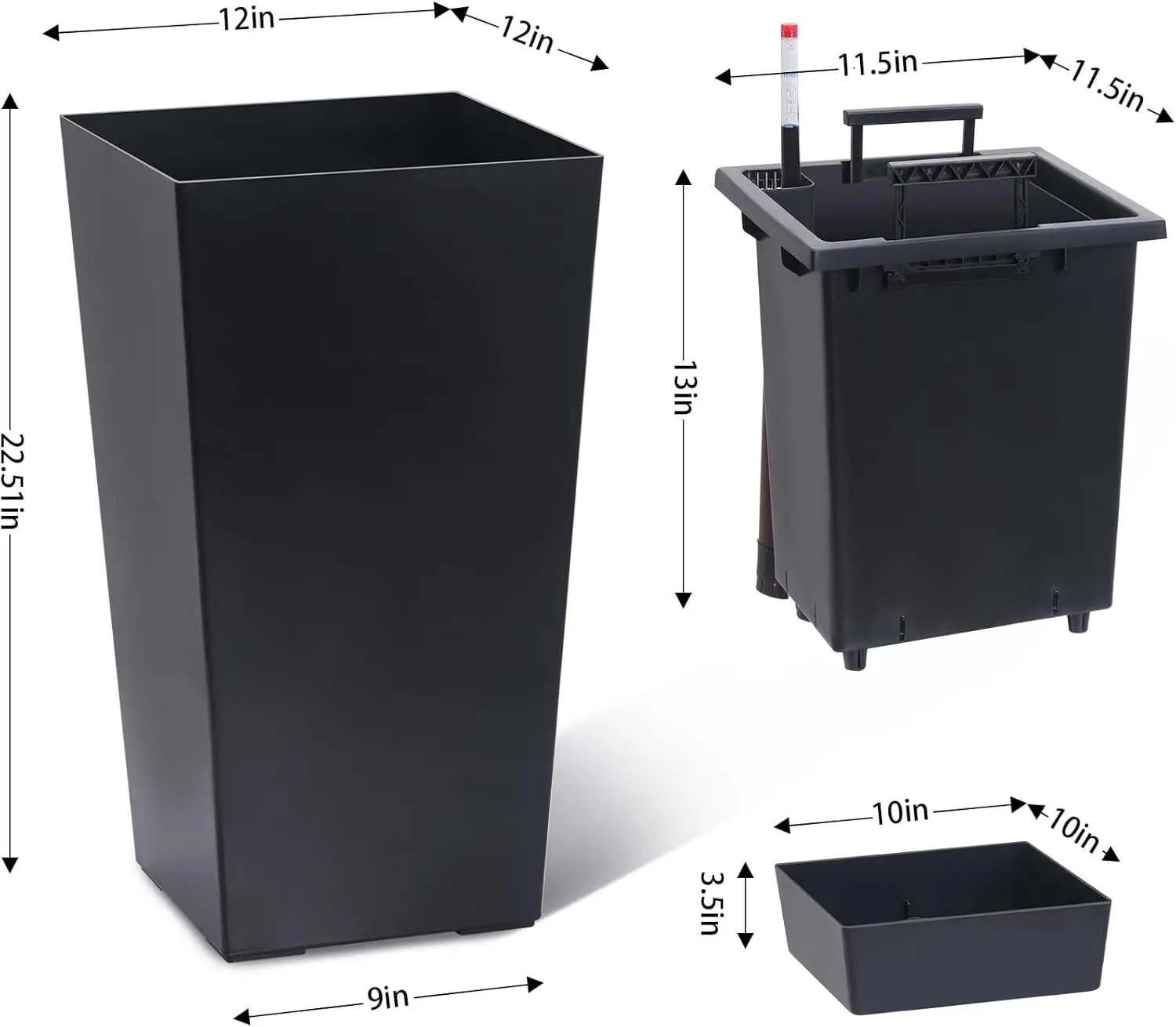 2 PCS 22.4 Inch Tall Planter Indoor ＆ Outdoor Black Taper Planter with Shelf Insert Self-Absorbing Plastic Flower Pots