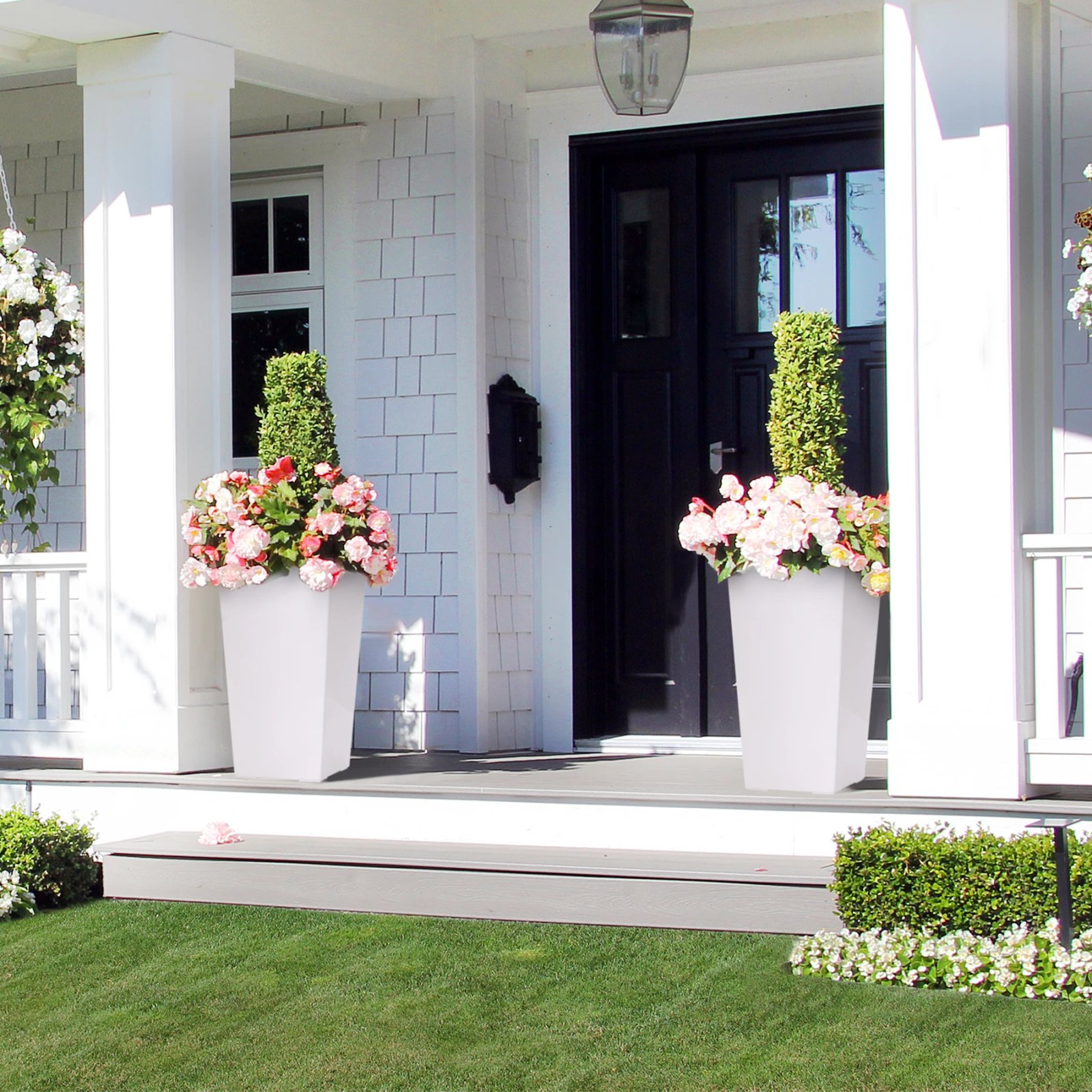 2 PCS 22.4 Inch Tall Planter Indoor ＆ Outdoor Black Taper Planter with Shelf Insert Self-Absorbing Plastic Flower Pots