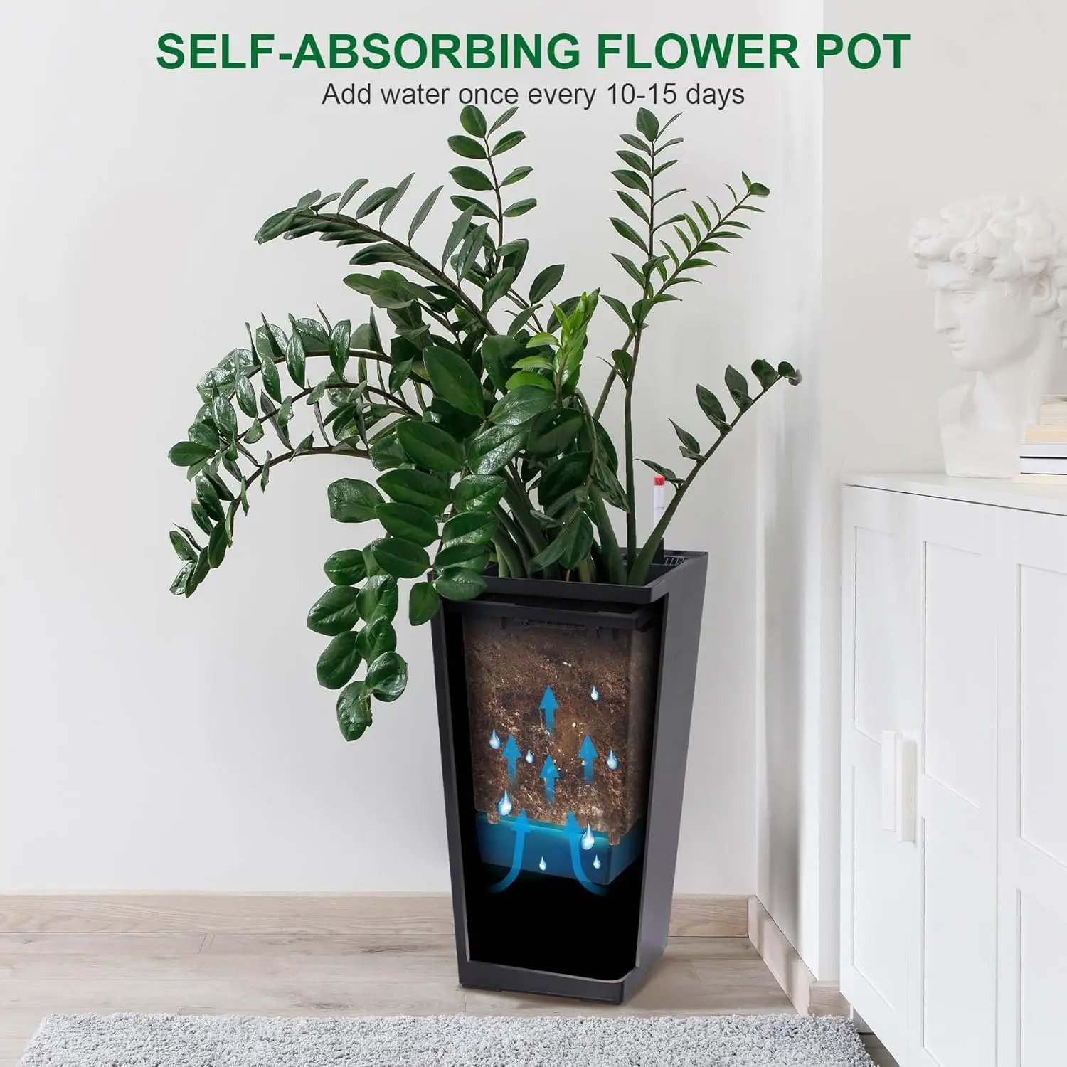 2 PCS 22.4 Inch Tall Planter Indoor ＆ Outdoor Black Taper Planter with Shelf Insert Self-Absorbing Plastic Flower Pots
