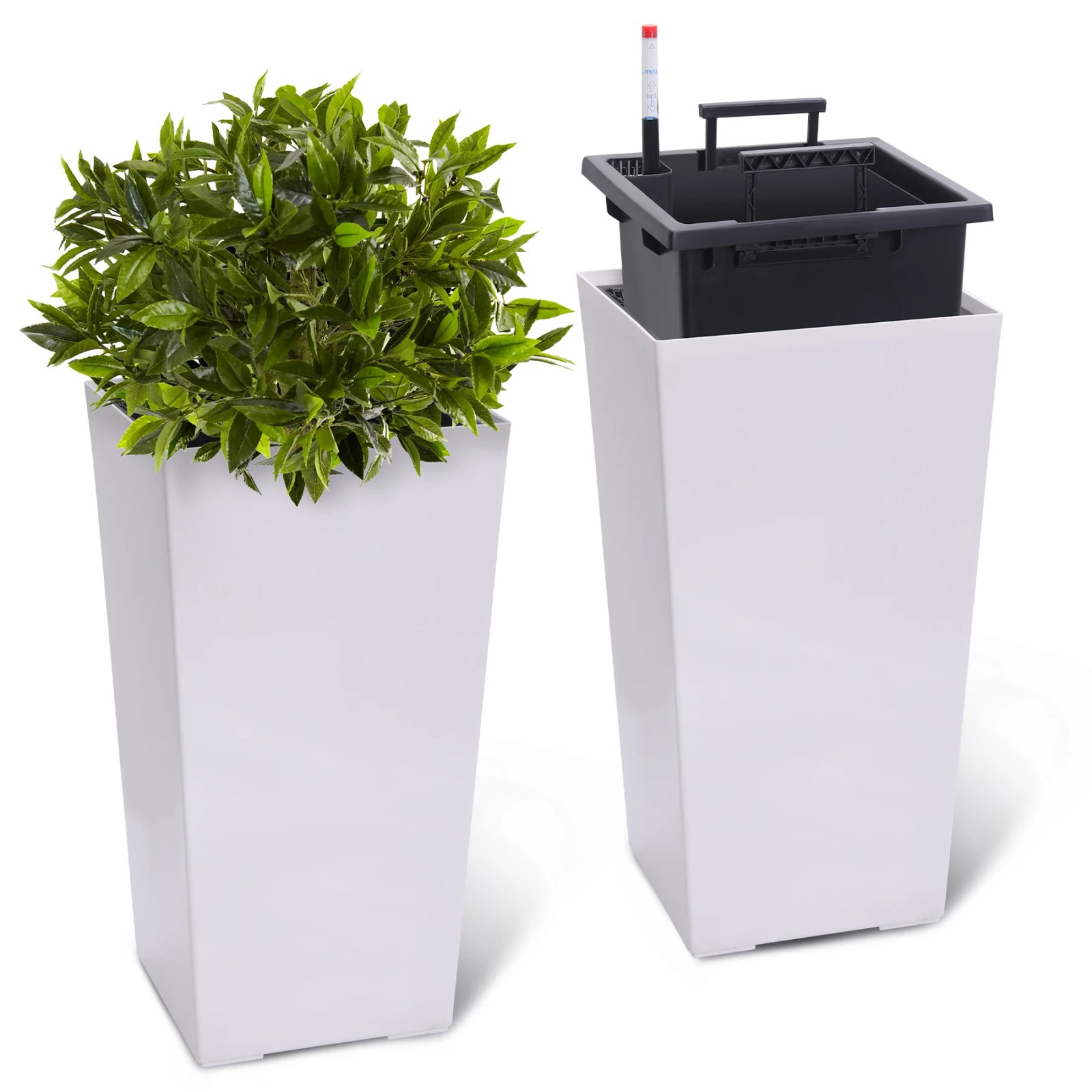 2 PCS 22.4 Inch Tall Planter Indoor ＆ Outdoor Black Taper Planter with Shelf Insert Self-Absorbing Plastic Flower Pots