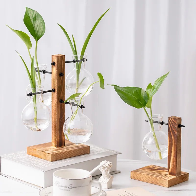 Terrarium Vasevase Decoration Home Bonsai Flower Plant Vases Vintage Flower Pot Transparent Wooden Frame Glass Tabletop Plants