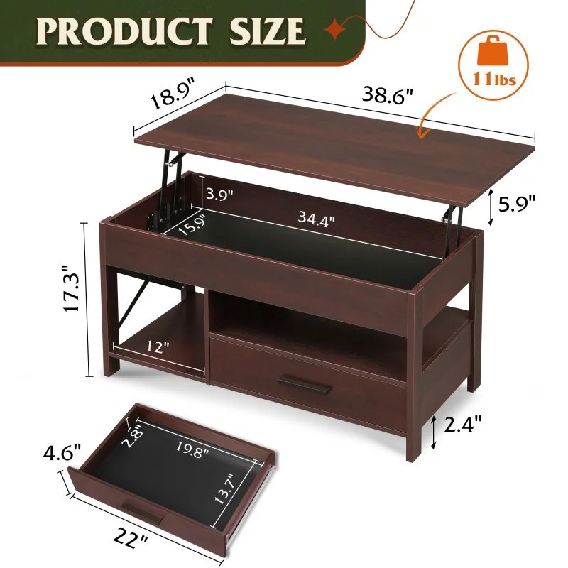 GALAXHERO Lift Top Coffee Table with Hidden Compartment Storage Drawers and Storage Shelf for Living Room Reception Room