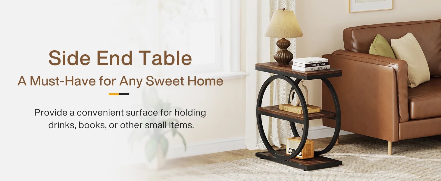 Tribesigns End Table, Narrow End Table with 3 Storage Shelves, Wooden Side Table, Industrial Small Sofa Side Table