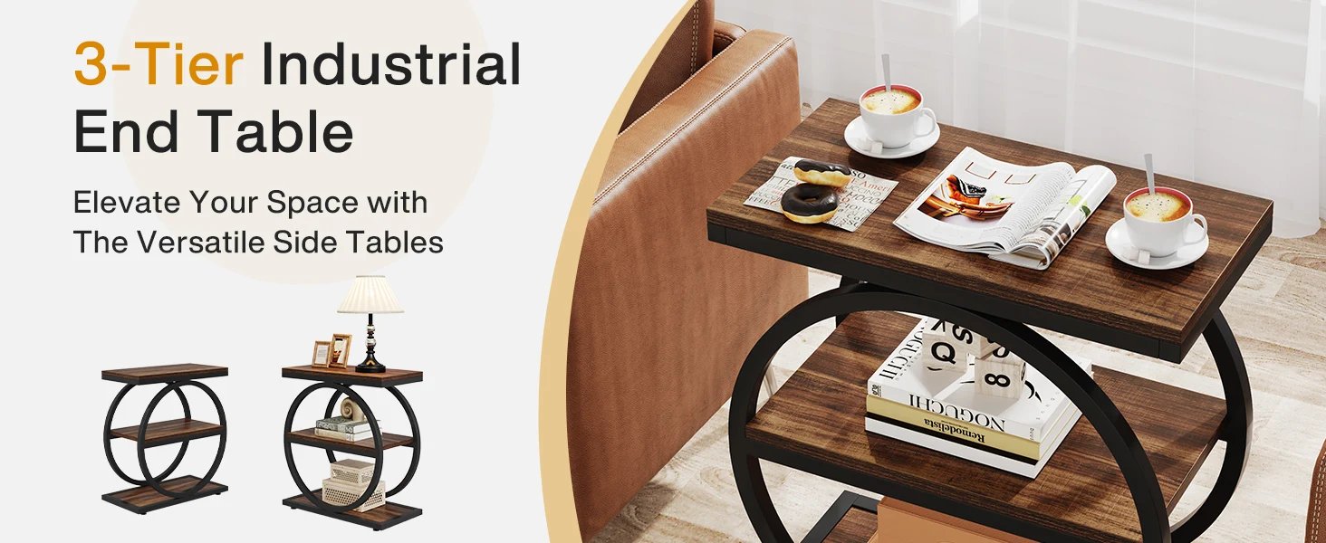 Tribesigns End Table, Narrow End Table with 3 Storage Shelves, Wooden Side Table, Industrial Small Sofa Side Table