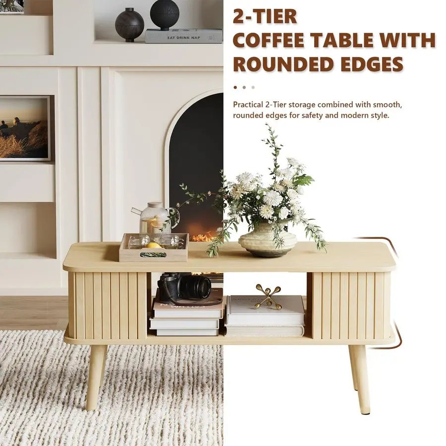 Coffee Table with Storage Center Table for Living Room Rectangle Coffee Table with Rounded Edges,Easy Assembly, Natural Wood