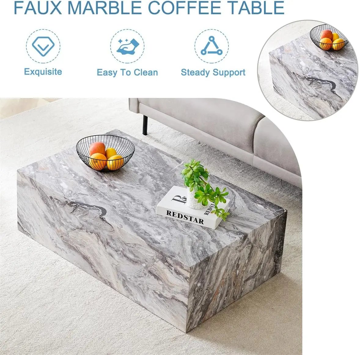 Coffee Table Living Room Table - Modern Faux Marble Design with Wood Accents in Grey