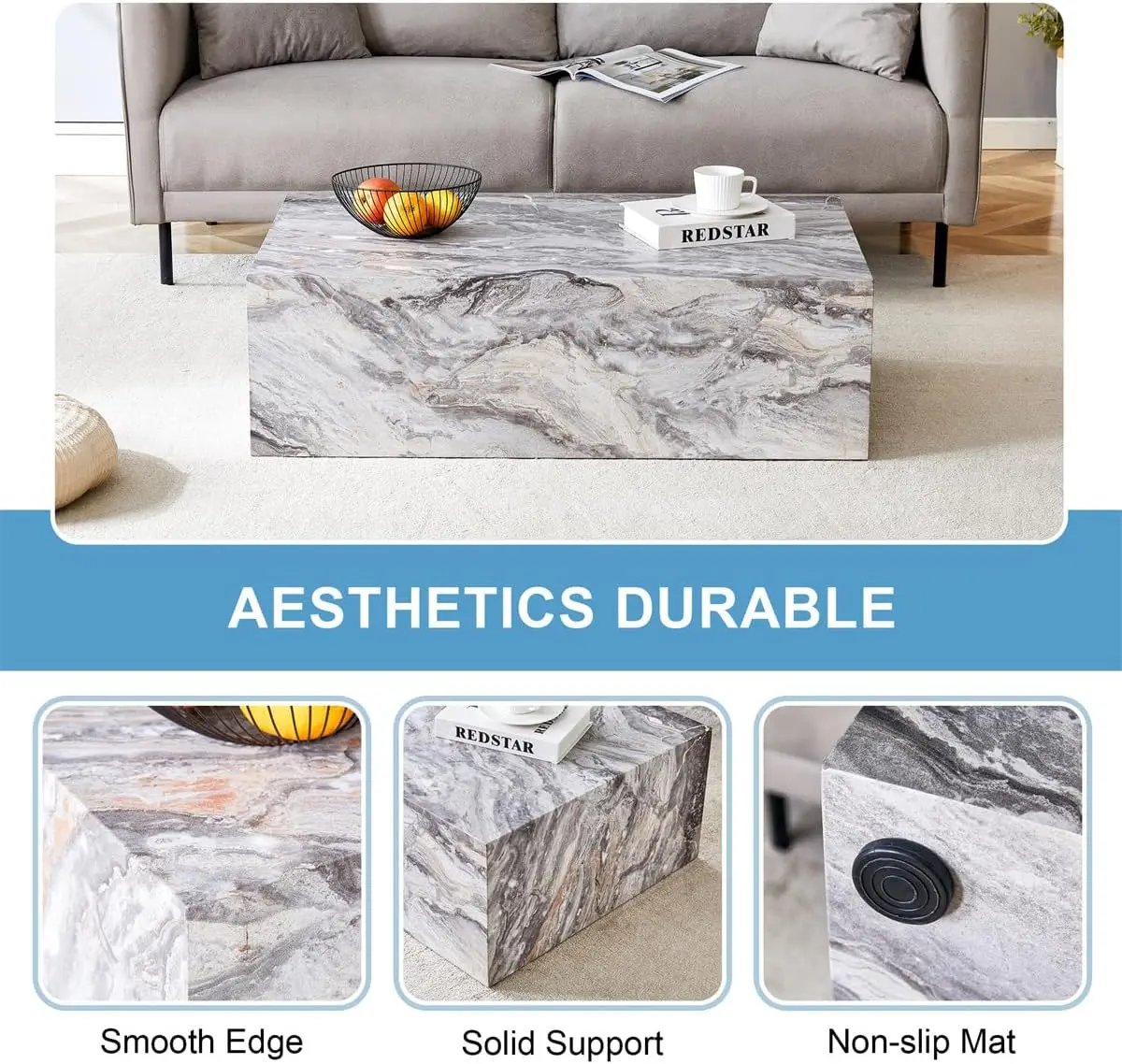 Coffee Table Living Room Table - Modern Faux Marble Design with Wood Accents in Grey