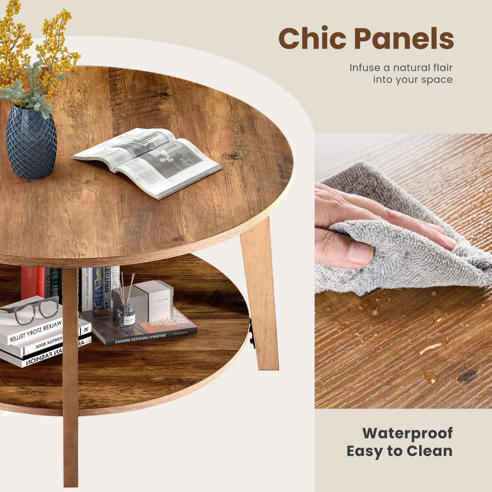 JHK 32IN Wood Round Coffee Table For Living Room 2-Tier Center Counter with Storage 50 lbs Capacity Anti-Slip Feet Modern Design