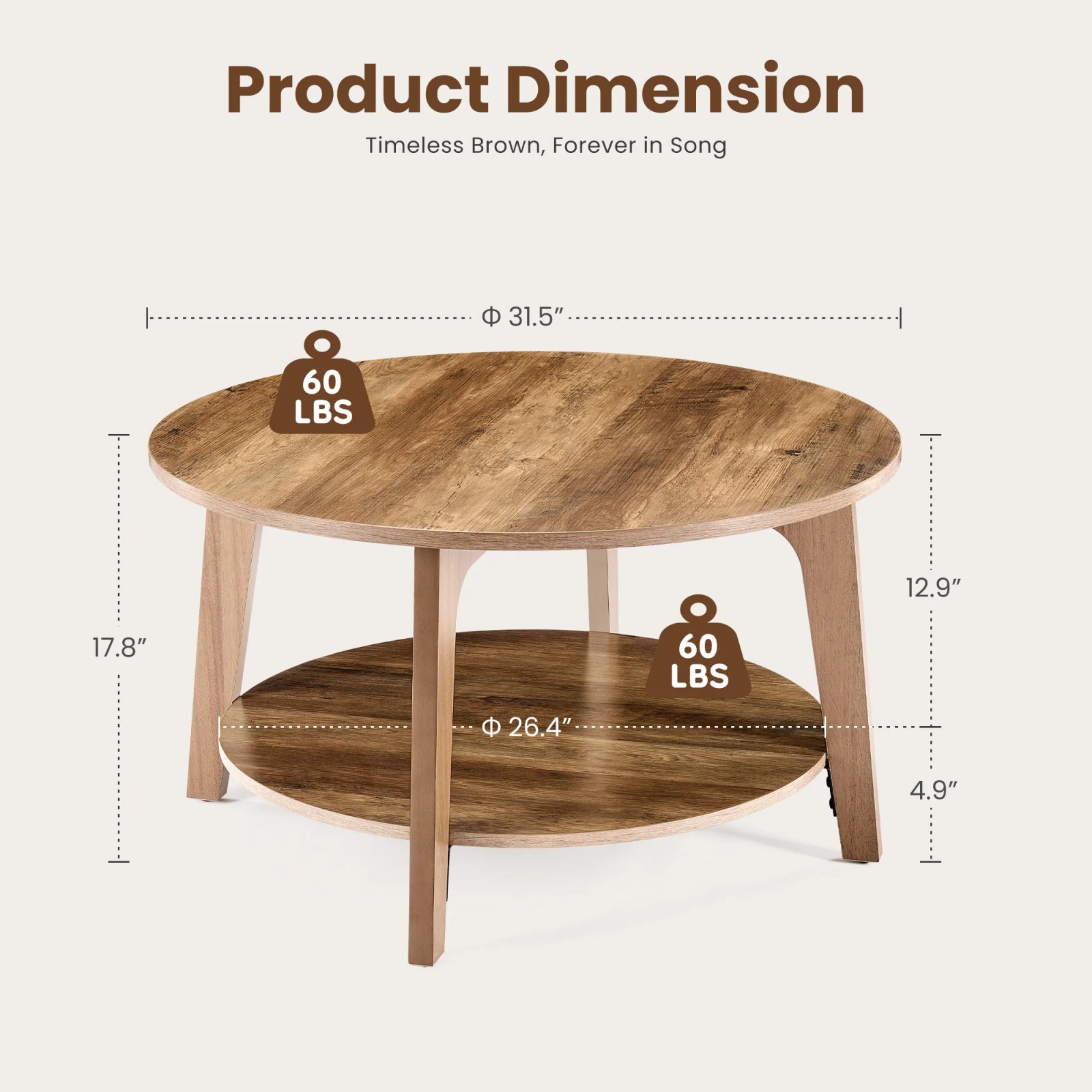 JHK 32IN Wood Round Coffee Table For Living Room 2-Tier Center Counter with Storage 50 lbs Capacity Anti-Slip Feet Modern Design