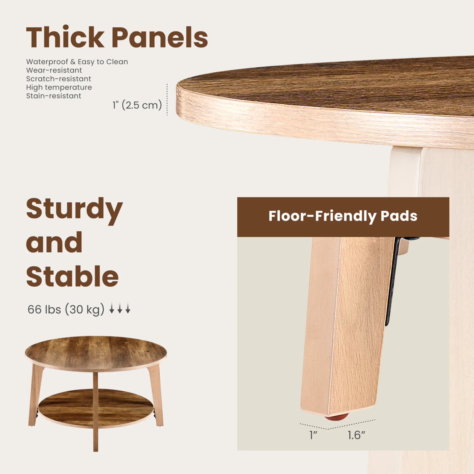 JHK 32IN Wood Round Coffee Table For Living Room 2-Tier Center Counter with Storage 50 lbs Capacity Anti-Slip Feet Modern Design