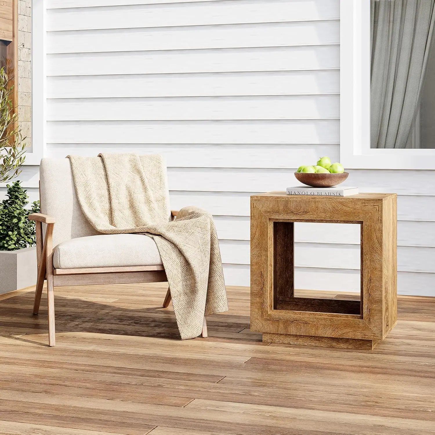 LITTLE TREE End Table, Wooden Square Side Table, Farmhouse Sofa Side Tables for Living Room, 2-Tier Bedside Table for Bedroom