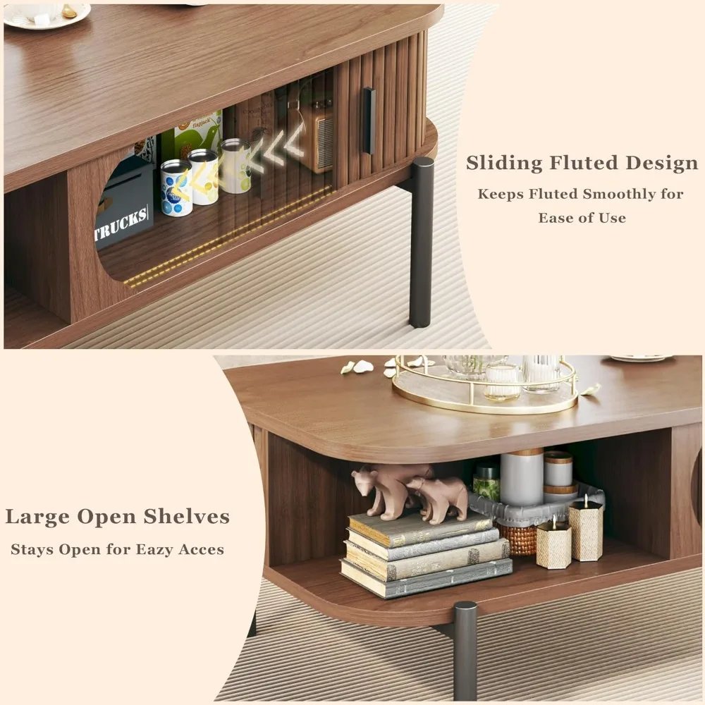 Coffee Table, Mid Century Modern , Coffee Table with Storage Open Shelf, Fluted Table with Sliding Cabinet Door