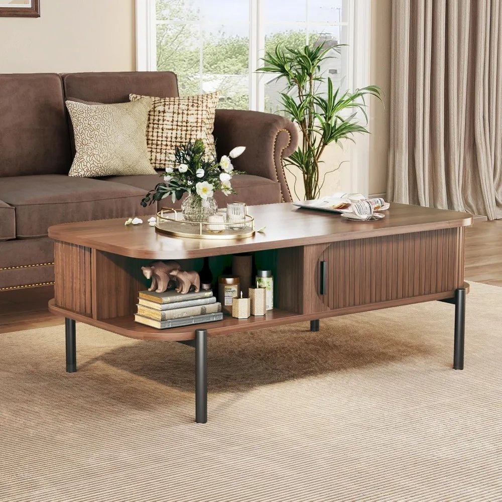 Coffee Table, Mid Century Modern , Coffee Table with Storage Open Shelf, Fluted Table with Sliding Cabinet Door