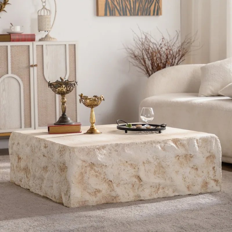 Natural Stone Square Coffee Table Rustic Solid Stone Tea Table for Living Room Home Decor Modern Minimalist Furniture White Natural Stone Square Coffee Table Rustic Solid Stone Tea Table for Living Room Home Decor Modern Minimalist Furniture White