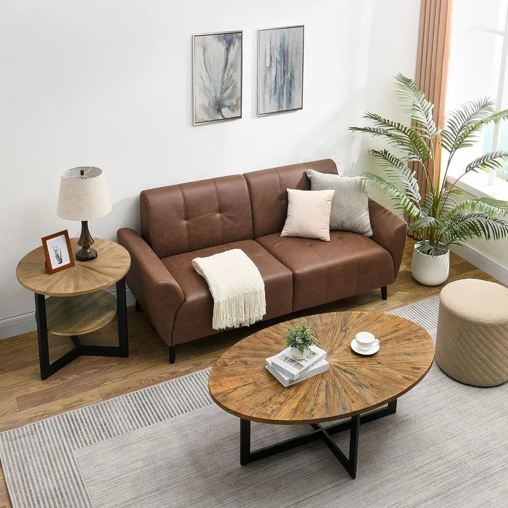 Solid Wood Oval Coffee Table with Cross Metal Legs, 47.9 IronWood Coffee Table