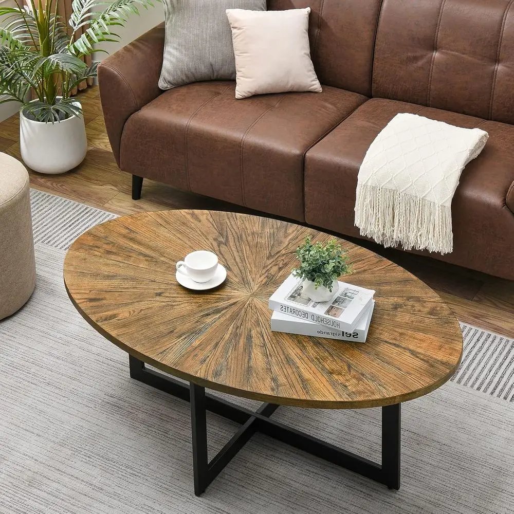 Solid Wood Oval Coffee Table with Cross Metal Legs, 47.9 IronWood Coffee Table