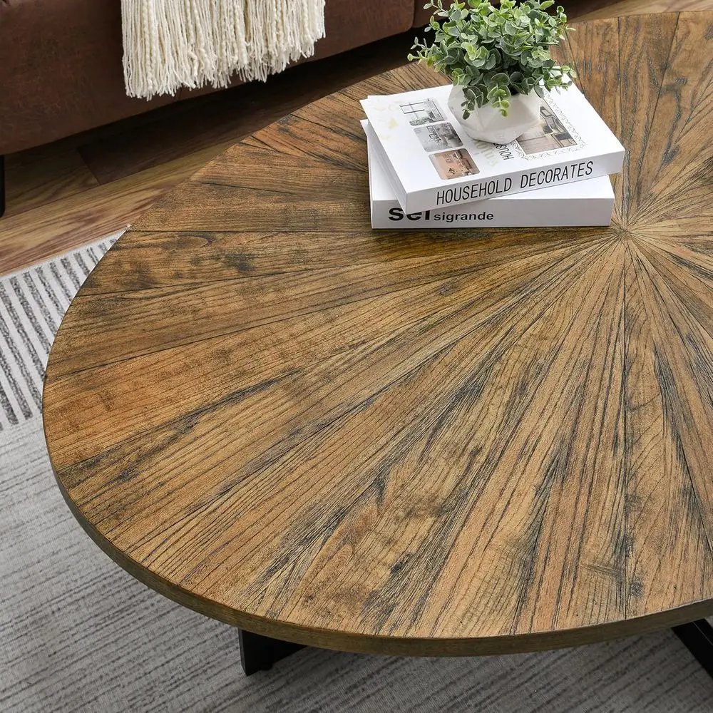 Solid Wood Oval Coffee Table with Cross Metal Legs, 47.9 IronWood Coffee Table