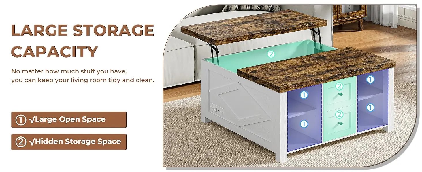 Lift Top Coffee Table with Storage Square Living Room Table with Charging Station and Drawers
