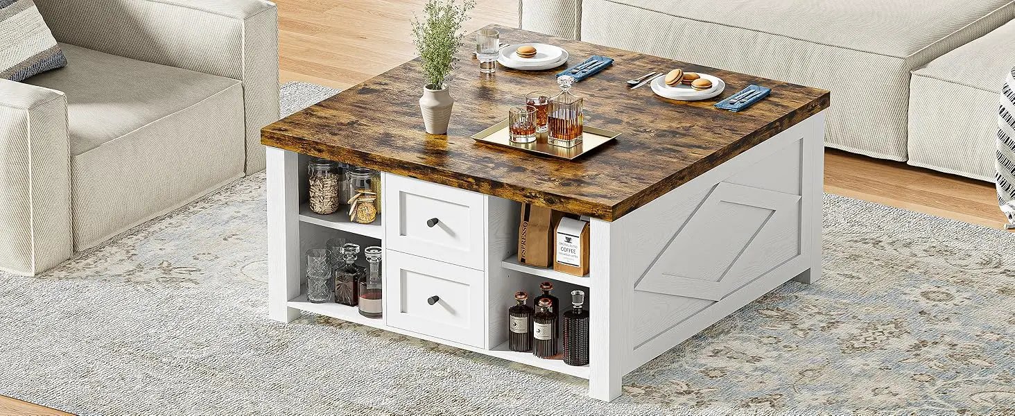 Lift Top Coffee Table with Storage Square Living Room Table with Charging Station and Drawers