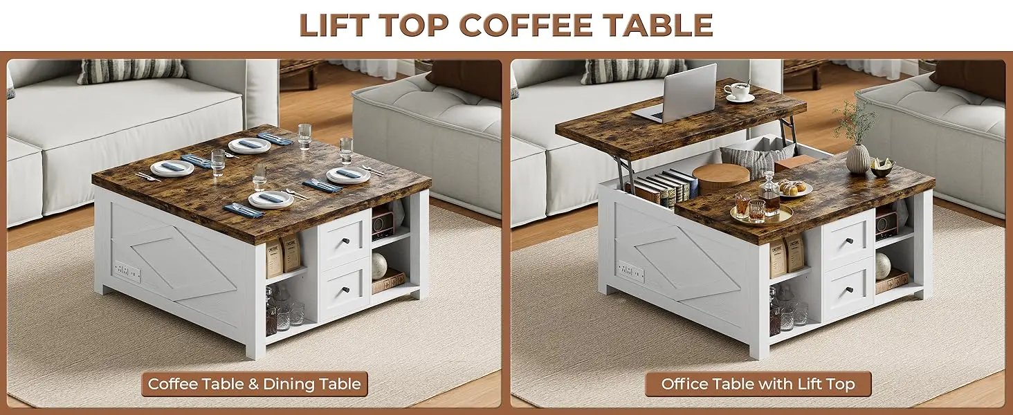 Lift Top Coffee Table with Storage Square Living Room Table with Charging Station and Drawers