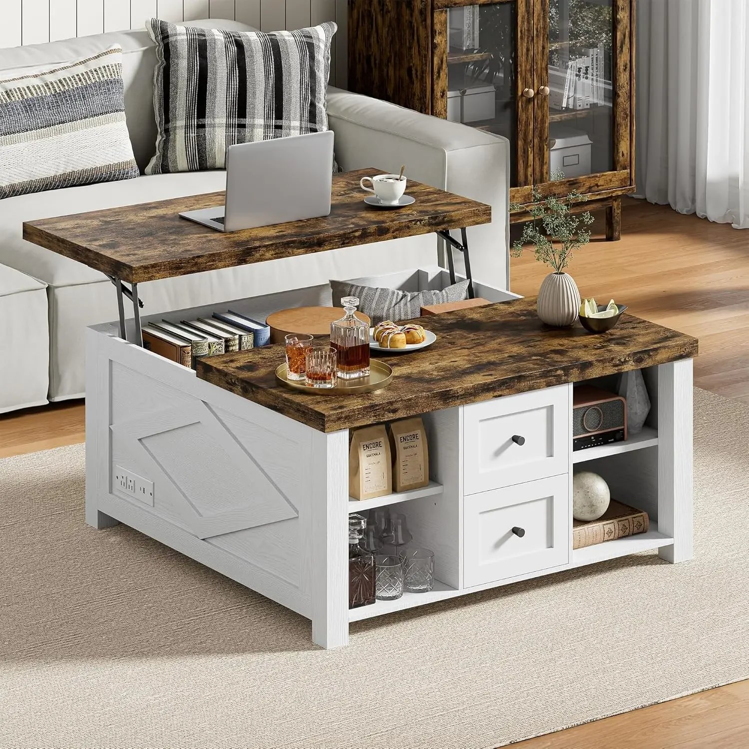 Lift Top Coffee Table with Storage Square Living Room Table with Charging Station and Drawers