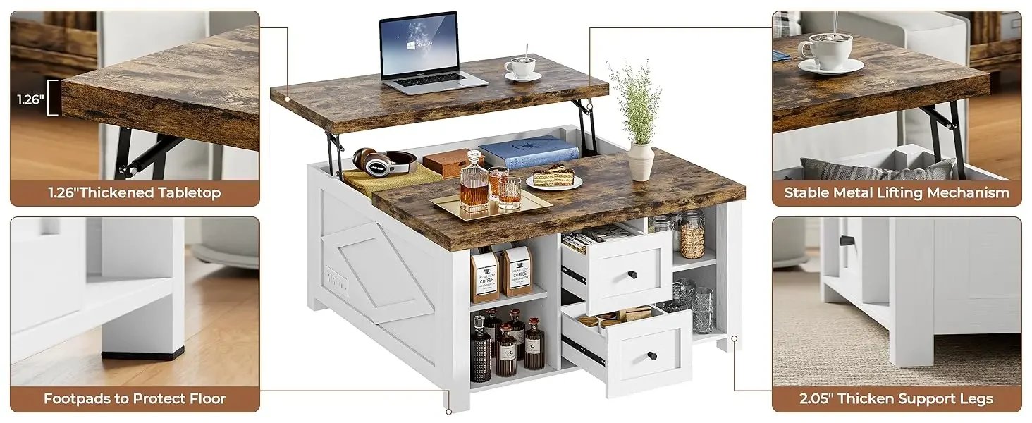 Lift Top Coffee Table with Storage Square Living Room Table with Charging Station and Drawers
