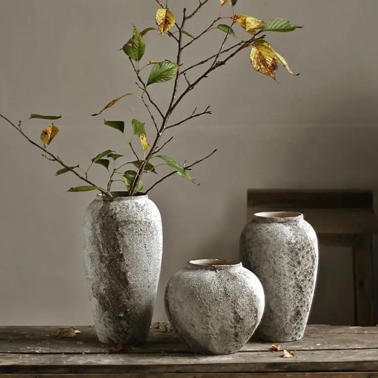 Rustic Ceramic Tall Floor Vase, Vintage Farmhouse Decor for Living Room Entryway Table Centerpiece, Terracotta Pottery Clay