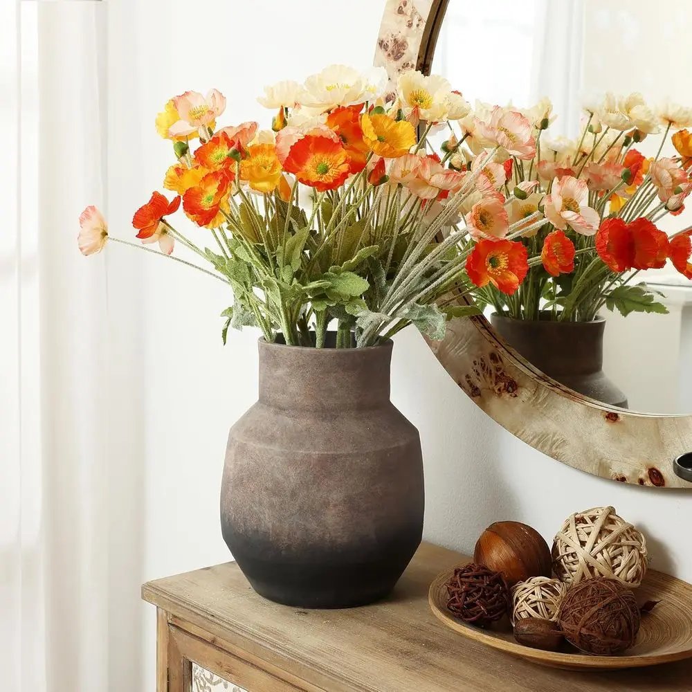 Rustic Terracotta Vase, Vintage Pottery for Home Decor, Brown Ombre, 11 Round Decorative Vase for Living Room